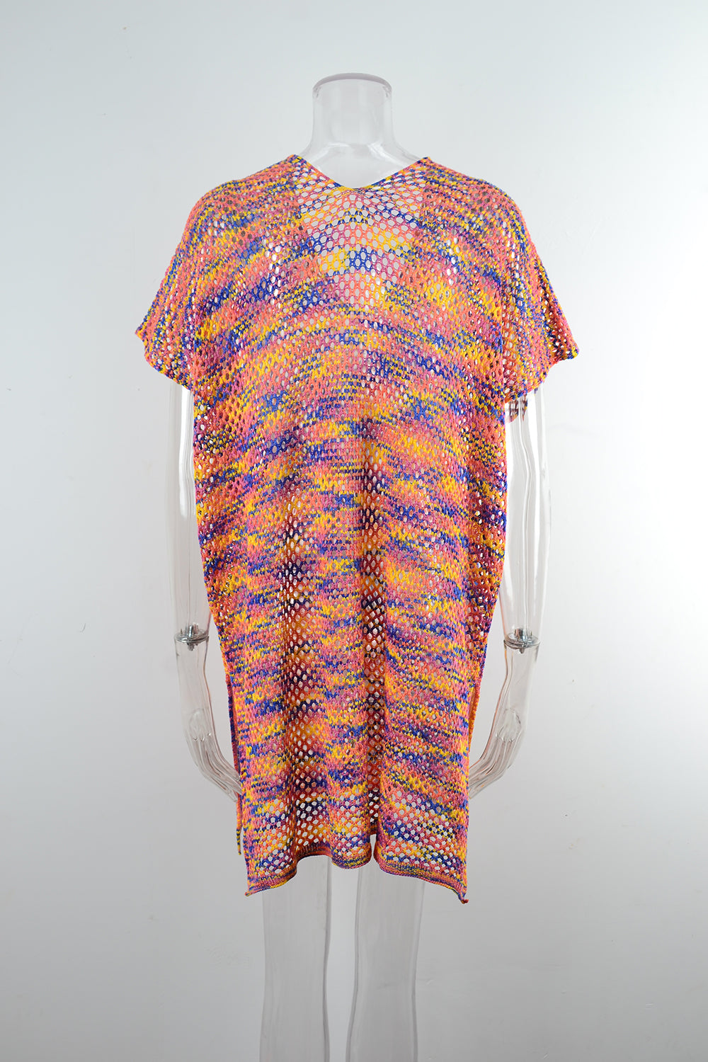 Blouse Summer Rainbow Stitching Hollow Out Cutout Loose Bikini Beach Shirt Knitwear