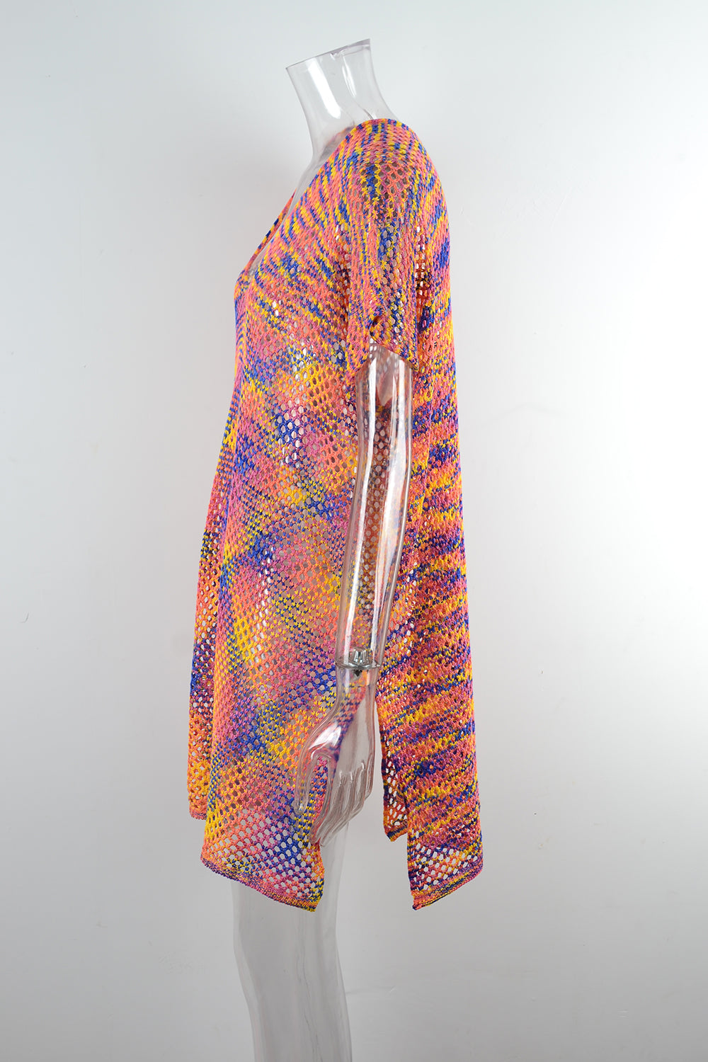 Blouse Summer Rainbow Stitching Hollow Out Cutout Loose Bikini Beach Shirt Knitwear