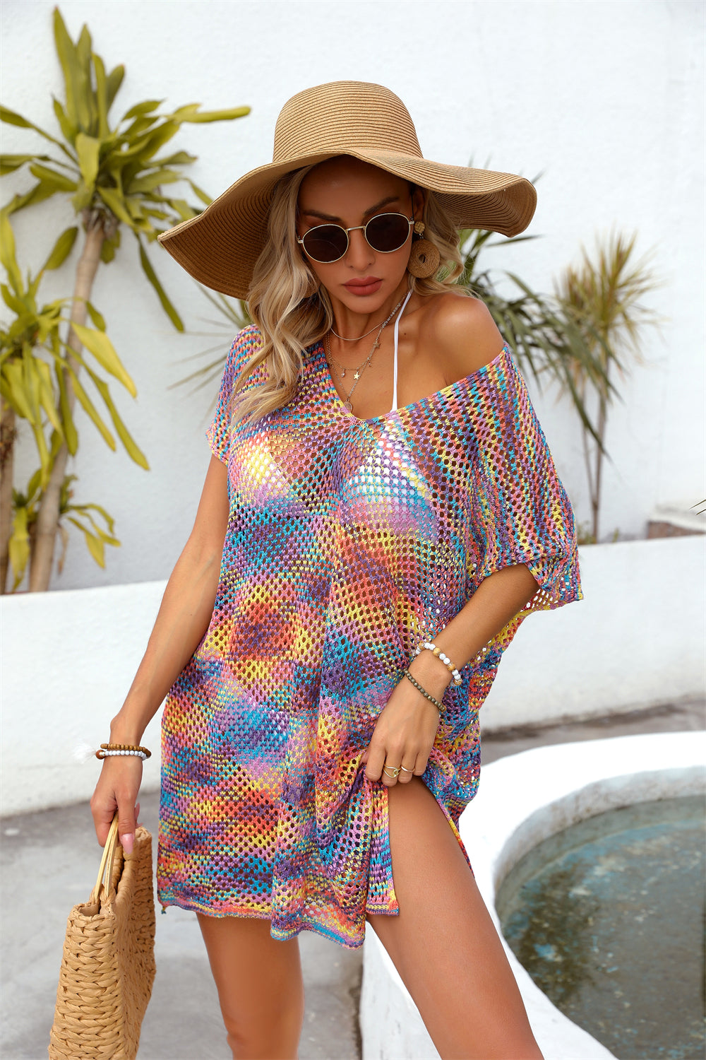 Blouse Summer Rainbow Stitching Hollow Out Cutout Loose Bikini Beach Shirt Knitwear