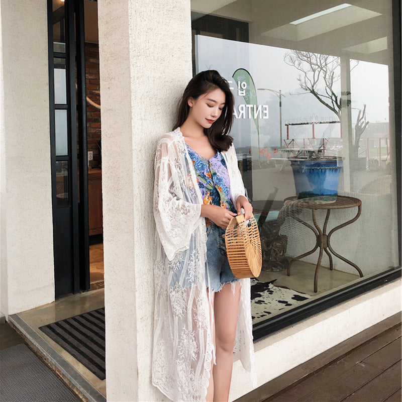 Bohemian Vacation Beach Sun Protection Clothing Women Summer Seaside Beach Cover Up Lace Cardigan Coat