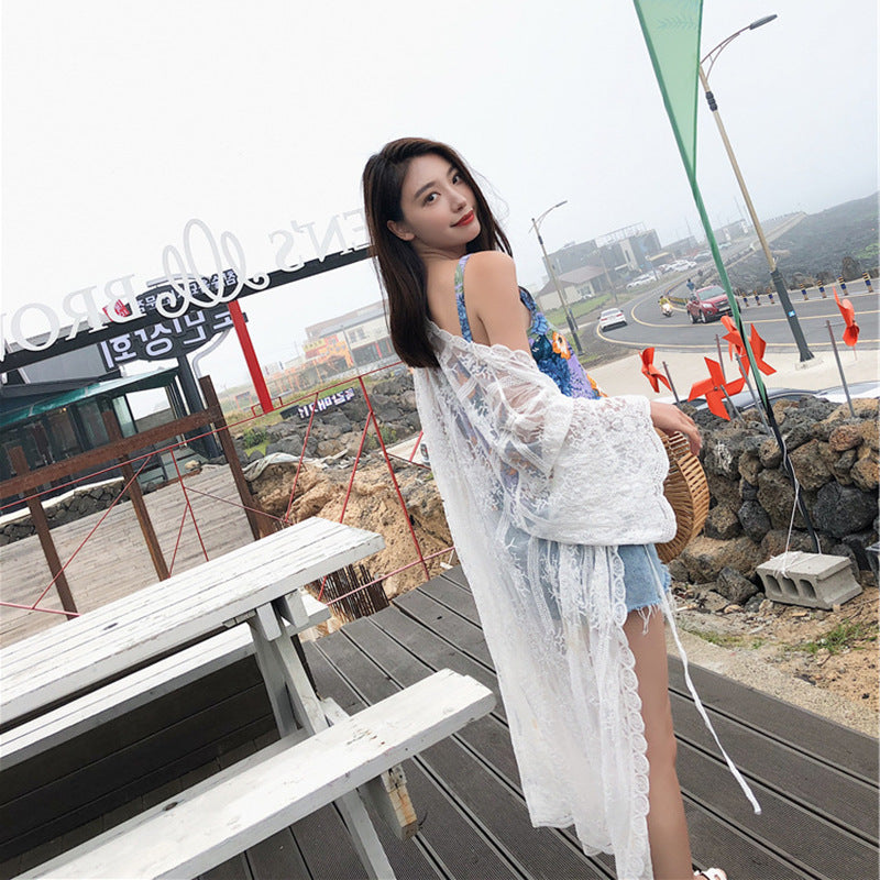 Bohemian Vacation Beach Sun Protection Clothing Women Summer Seaside Beach Cover Up Lace Cardigan Coat
