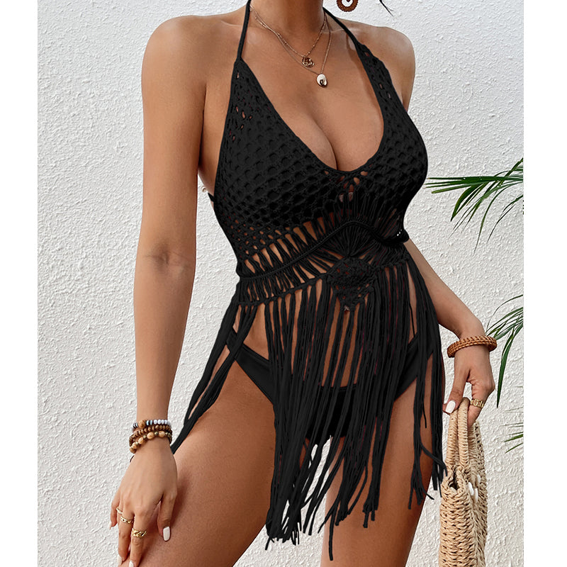 Arrival Beach Vacation Sexy Hand Crocheting Woven Lace up Cutout Long Fringe Beach Cover Up Short Top Crochet hook