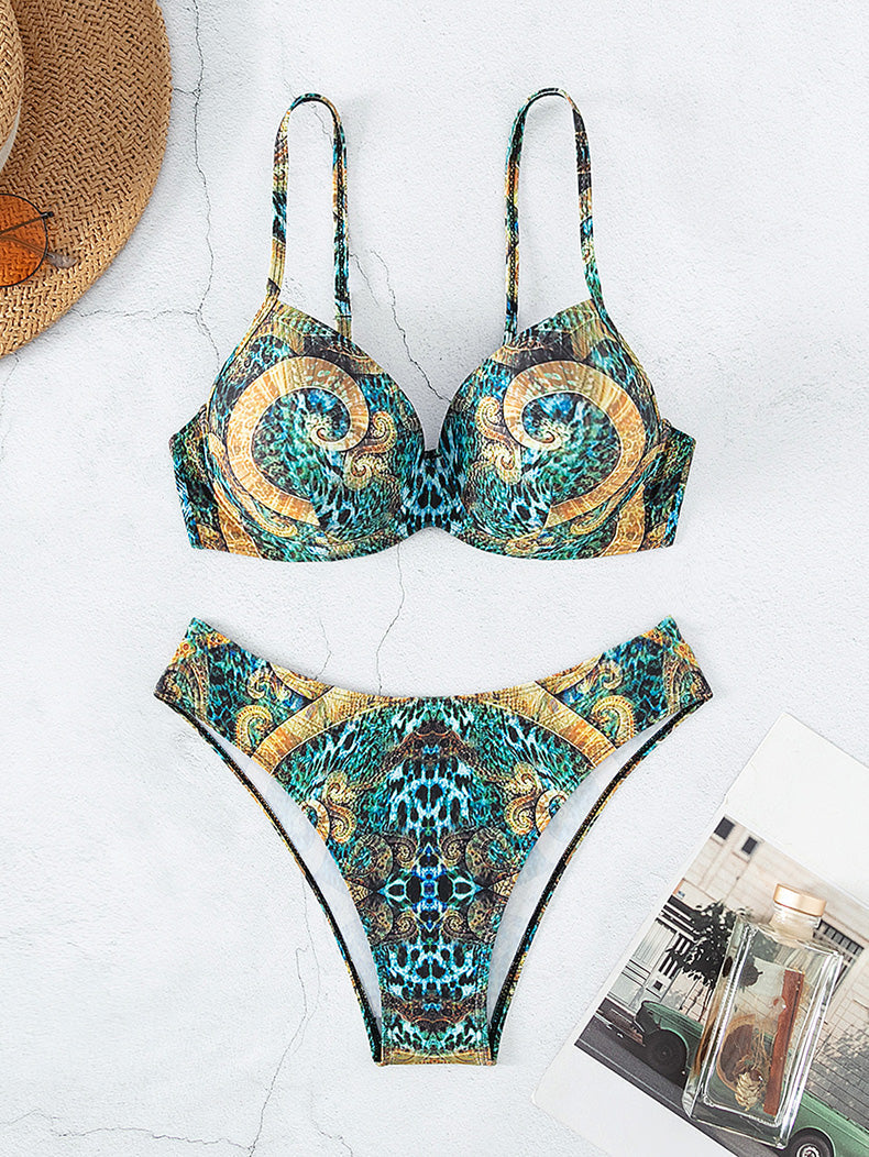 Bikini Gathering Steel Bracket Tribal Totem Printed Sexy Bikini Swimwear