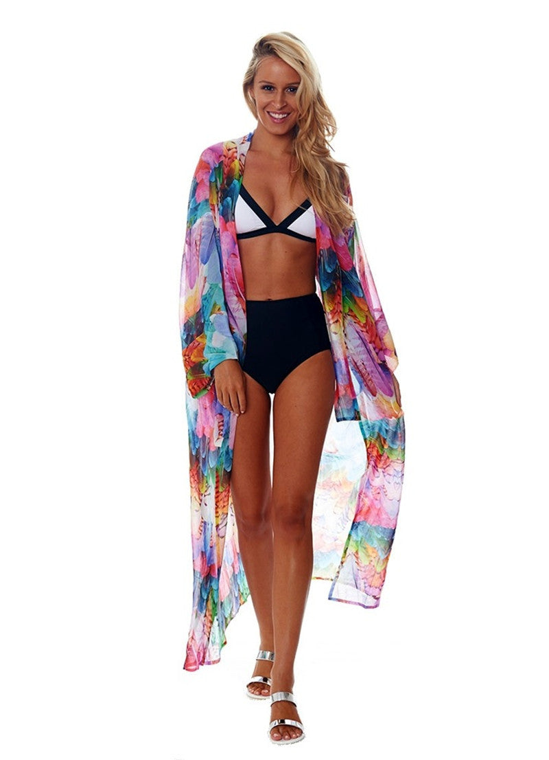 Beach Cover up Chiffon Colorful Feather Print Sun Protection Shirt Sexy Cardigan Loose Beach Cover Up