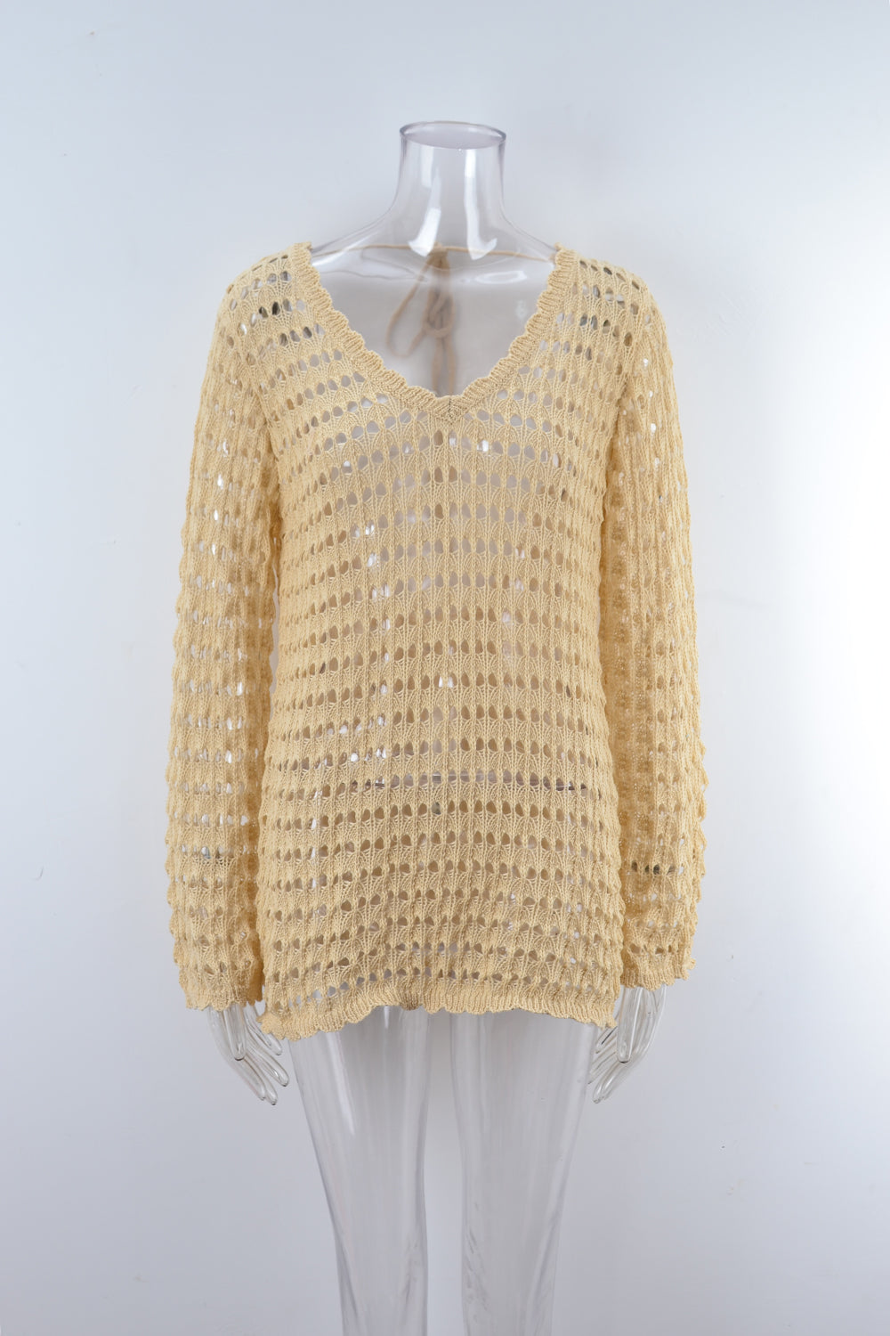 Summer Women Clothing Beach Shirt Hollow Out Cutout Long Sleeve Seaside Vacation Swimsuit Sun Protective Blouse