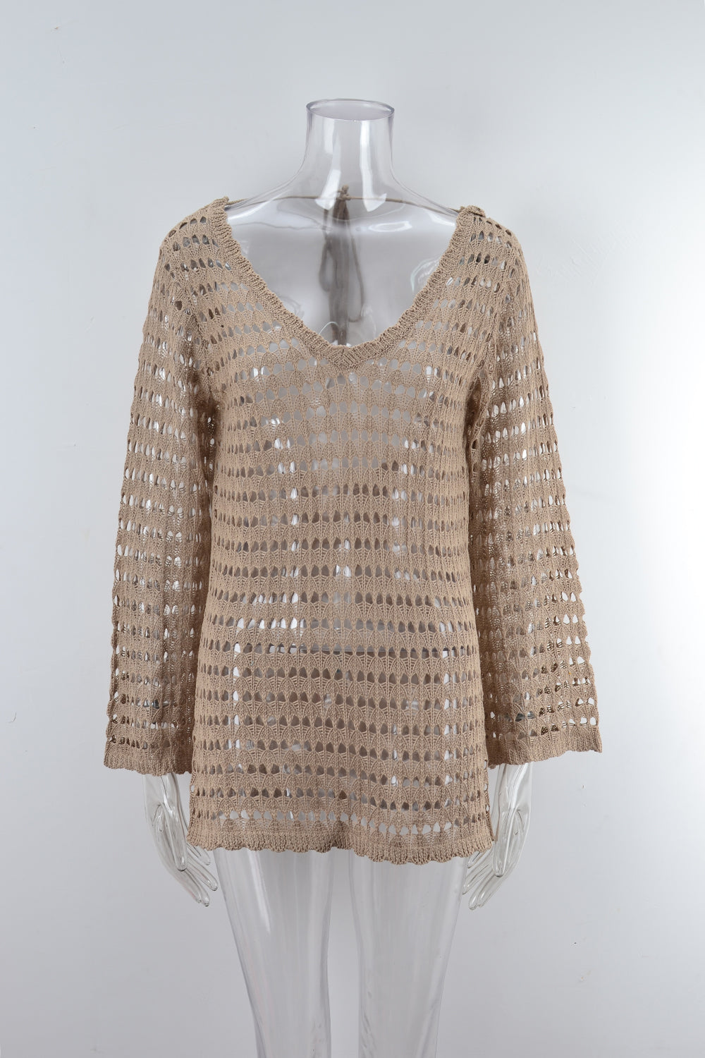 Summer Women Clothing Beach Shirt Hollow Out Cutout Long Sleeve Seaside Vacation Swimsuit Sun Protective Blouse