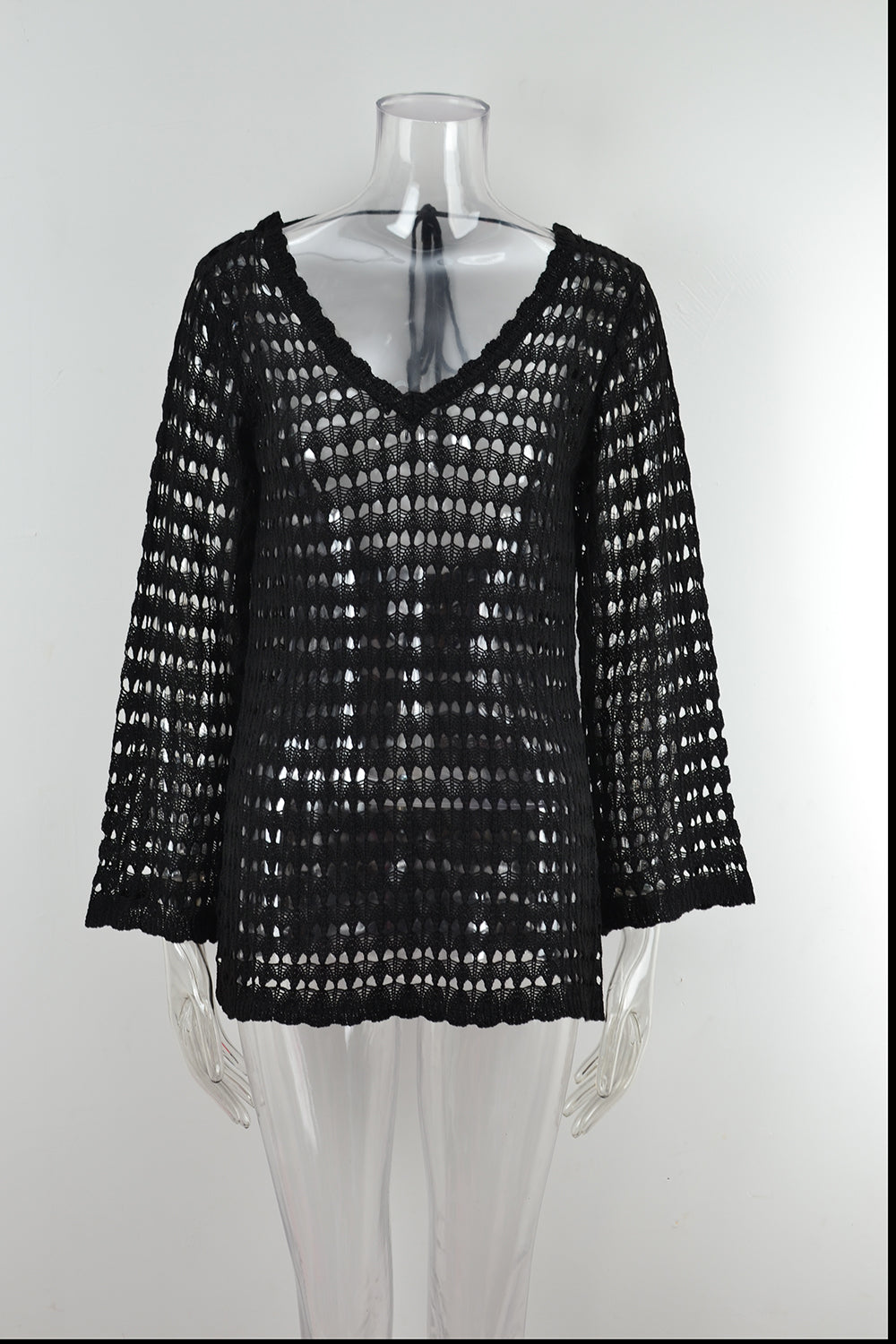 Summer Women Clothing Beach Shirt Hollow Out Cutout Long Sleeve Seaside Vacation Swimsuit Sun Protective Blouse