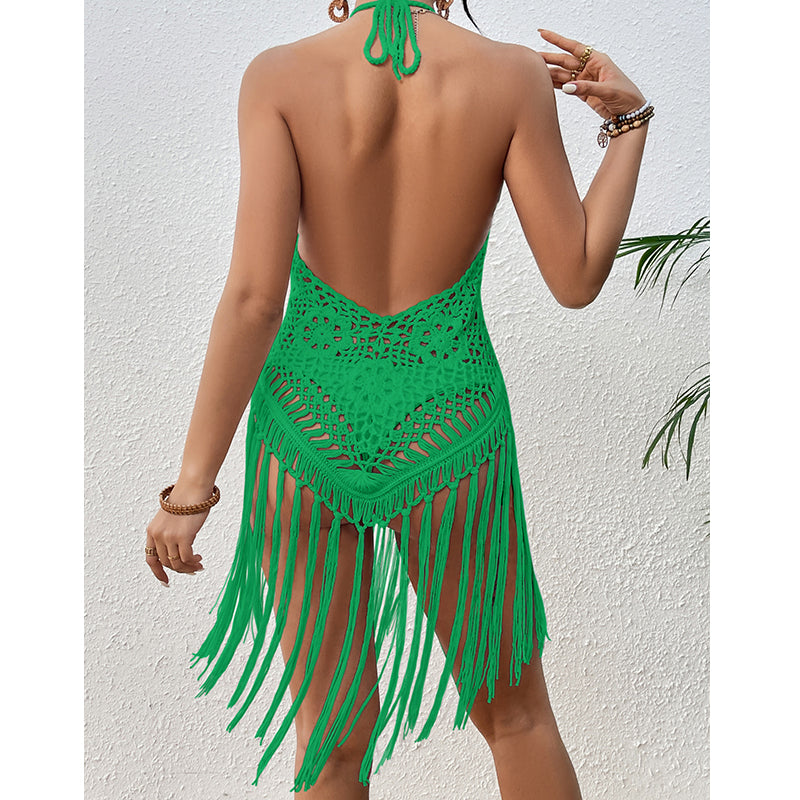 Beach Vacation Sexy Big Backless Hand Crocheting Lace Up Cutout Tassel Bikini Short Top Crochet hook