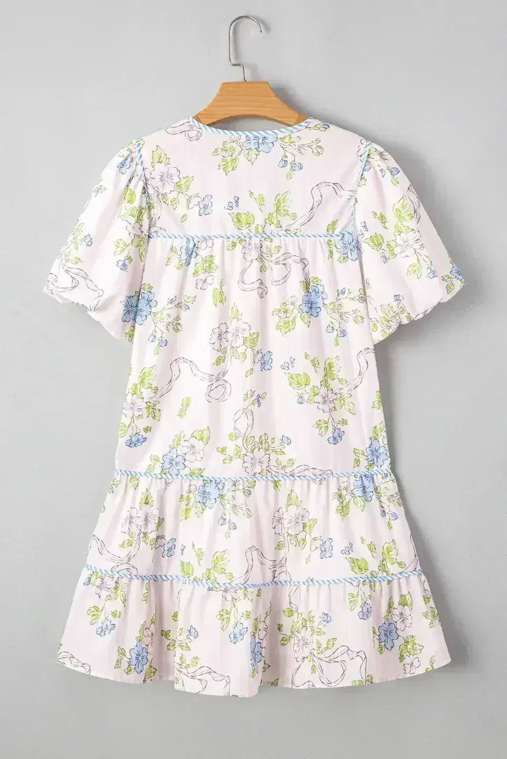 Pink Floral Striped Print Contrast Trim Tie Split Neck Mini Dress