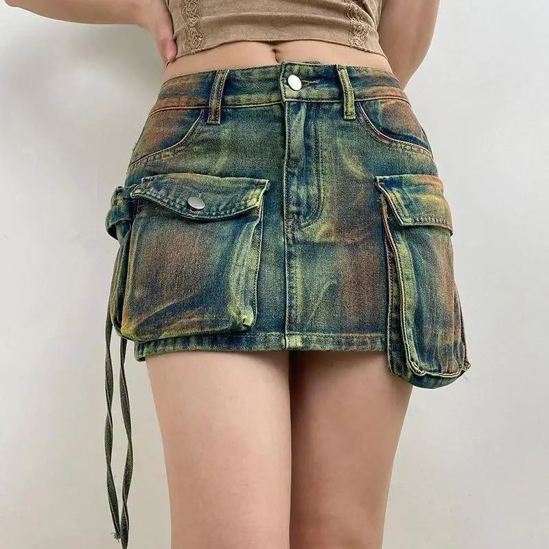 Make-old Three-dimensional Multi-pocket High Waist Denim Skirt. New Asymmetrical Casual A-line Mini Skirt for Women in Summer