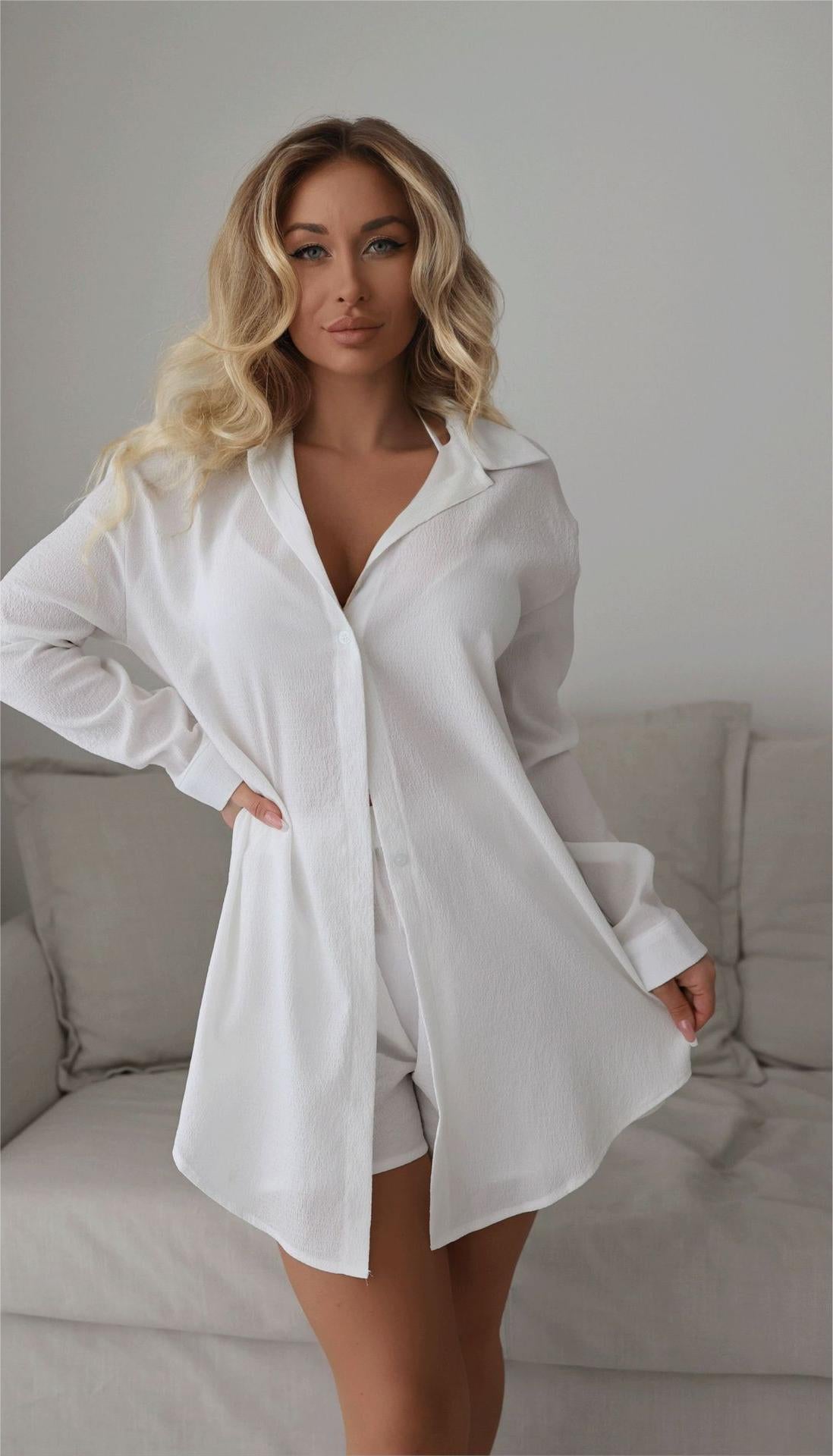 Beach Cover Up Solid Color Long Sleeved Shirt Two Piece Set Hawaiian Seaside Vacation Swimsuit Blouse