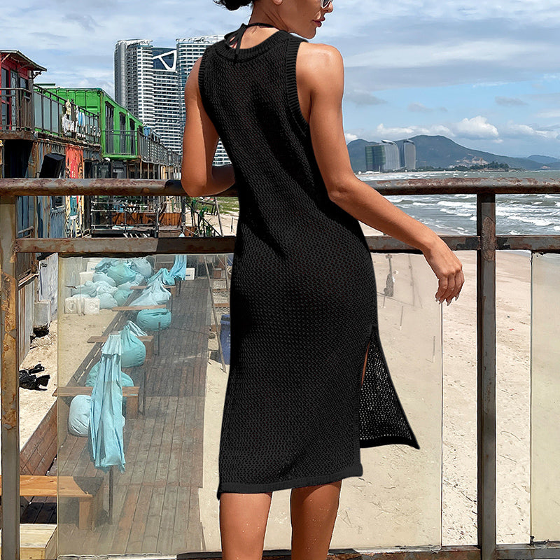 Beach Vacation Sexy Solid Color Round Neck Woven Texture High Slit Beach Sun Shield Hanfu Long Robe