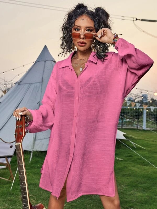 Cotton Long Sleeved Shirt Beach Cover up Vacation Sun Protection Shirt Bikini Swimsuit Outwear Cardigan