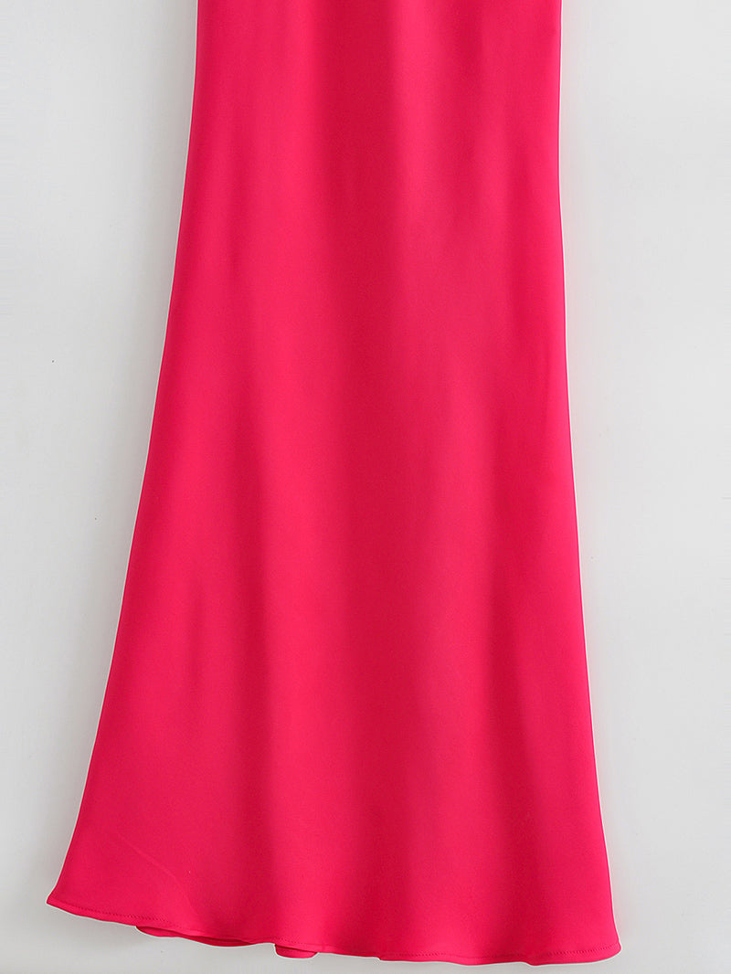 Autumn Sexy Red Silk Satin Texture Strap Dress