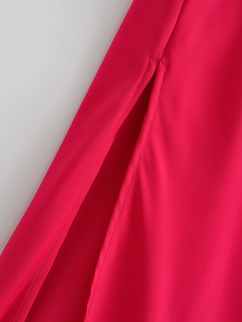 Autumn Sexy Red Silk Satin Texture Strap Dress