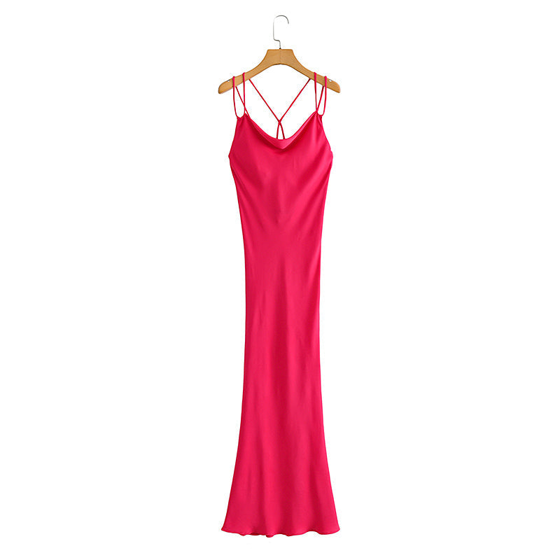 Autumn Sexy Red Silk Satin Texture Strap Dress