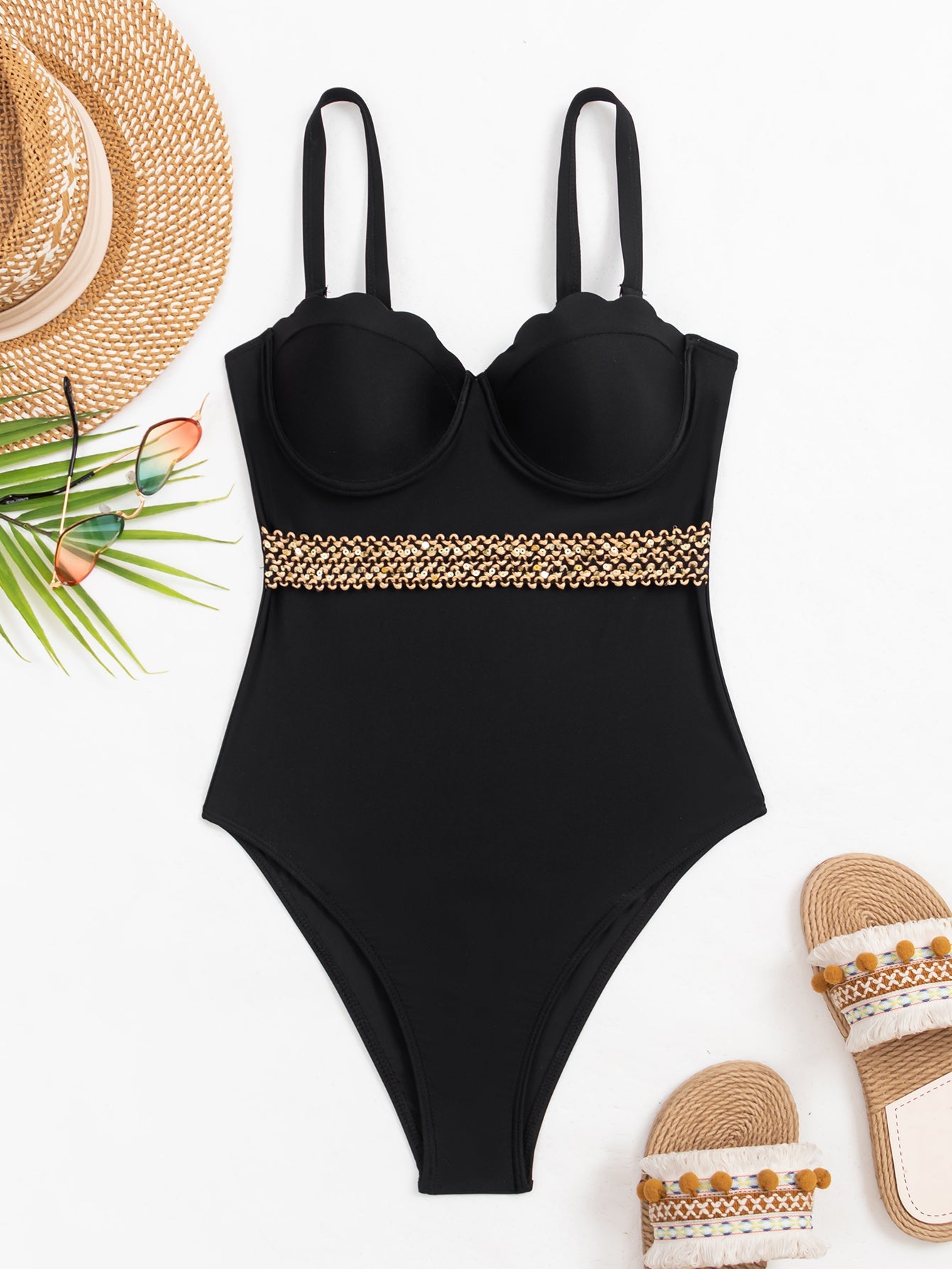 Swimsuit Women Sexy Siamese Push Up Sling Solid Color Swimsuit