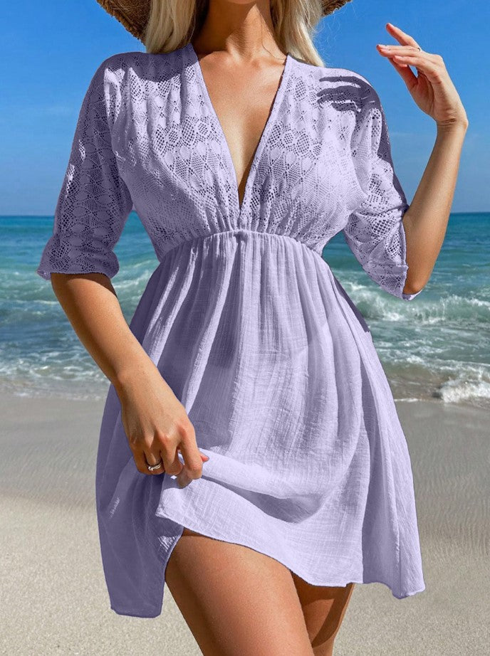 Beach Cover up Bikini V neck Sexy Sun Protection Shirt Loose Wave Pattern Beach Overskirt Women