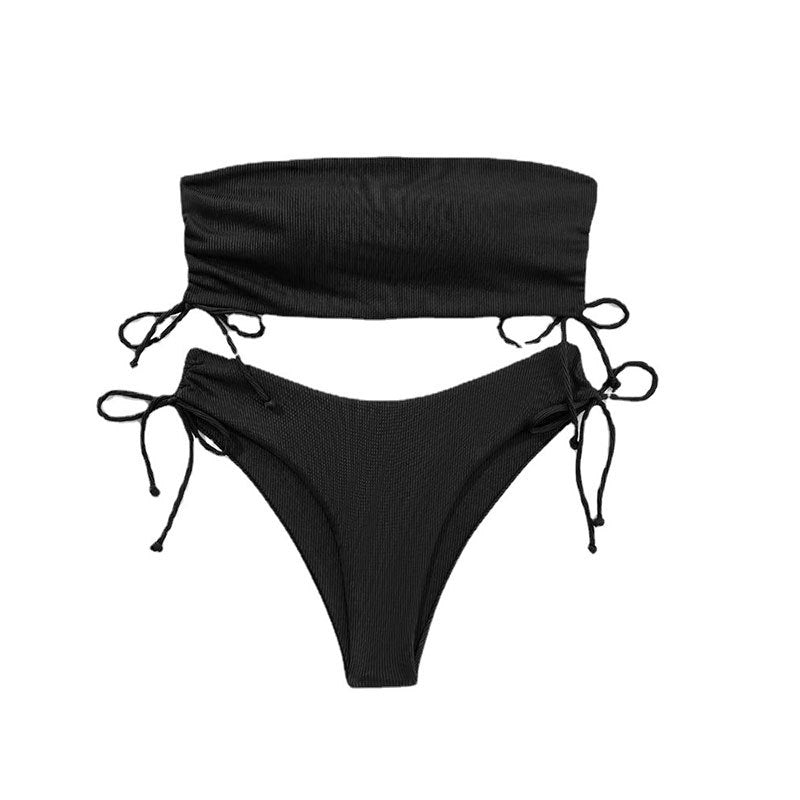 Solid Color Tube Top Rib Fabric Sexy Bikini Bikini Split Swimsuit