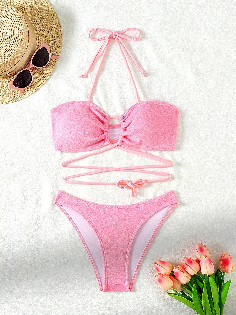 Split Swimsuit Women Hollow Out Cutout Sexy Bikini Triangle Two Piece Set Lace up Solid Color