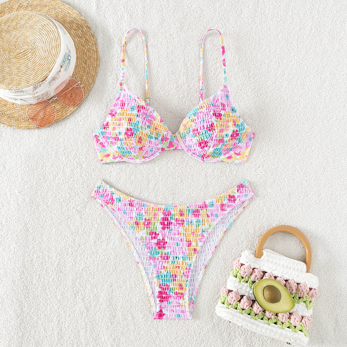 Bikini Swimsuit Sexy Smocking Push up High Waist Print Bikini Swimsuit