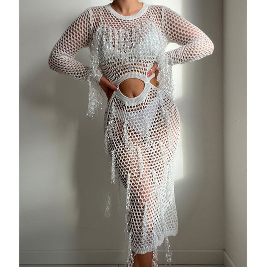 Hollow Out Cutout Knitted Sequin Tassel round Neck Cropped Outfit Long Sleeve Vacation Dress Swimsuit Blouse Sun Protection Clothing Dress Crochet hook