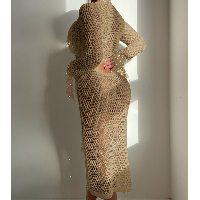 Hollow Out Cutout Knitted Sequin Tassel round Neck Cropped Outfit Long Sleeve Vacation Dress Swimsuit Blouse Sun Protection Clothing Dress Crochet hook