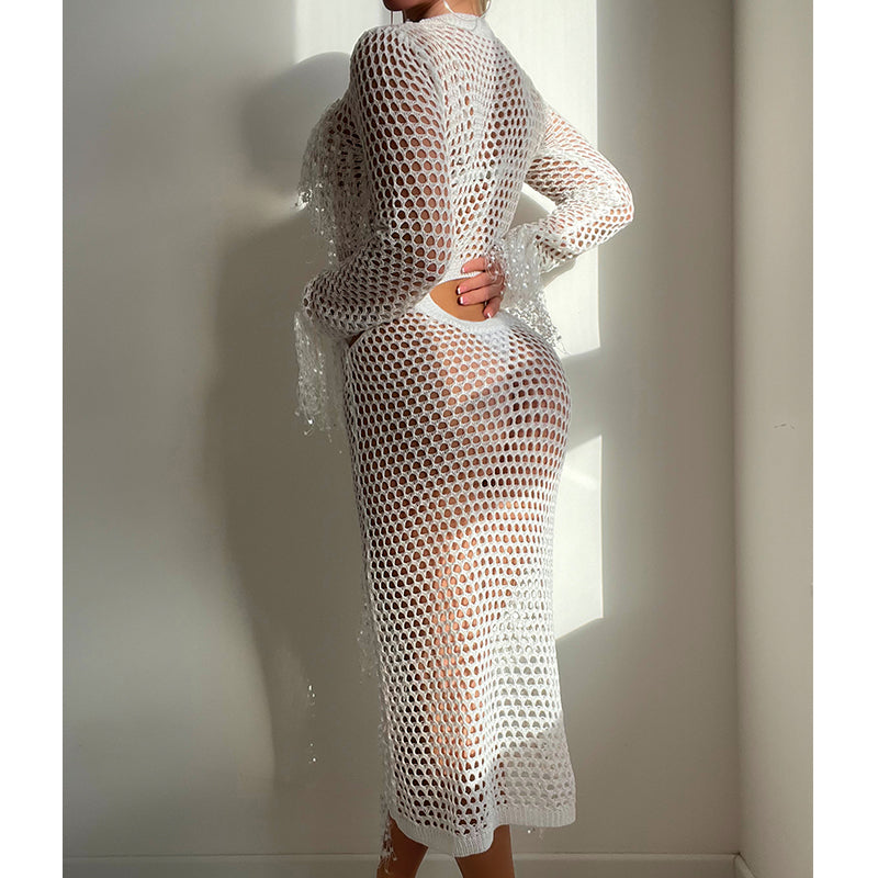 Hollow Out Cutout Knitted Sequin Tassel round Neck Cropped Outfit Long Sleeve Vacation Dress Swimsuit Blouse Sun Protection Clothing Dress Crochet hook