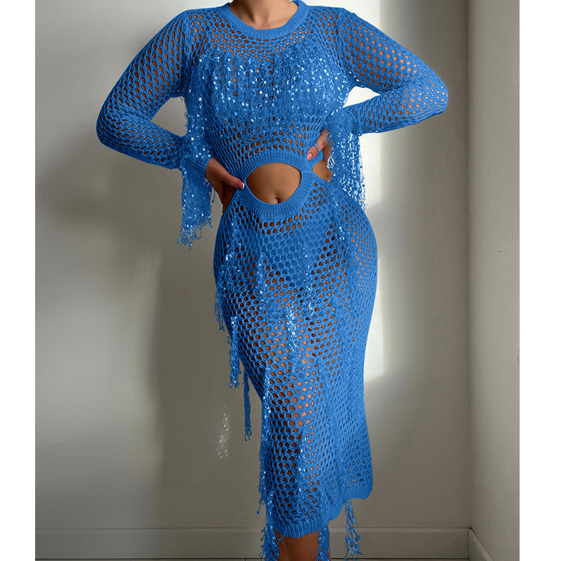 Hollow Out Cutout Knitted Sequin Tassel round Neck Cropped Outfit Long Sleeve Vacation Dress Swimsuit Blouse Sun Protection Clothing Dress Crochet hook
