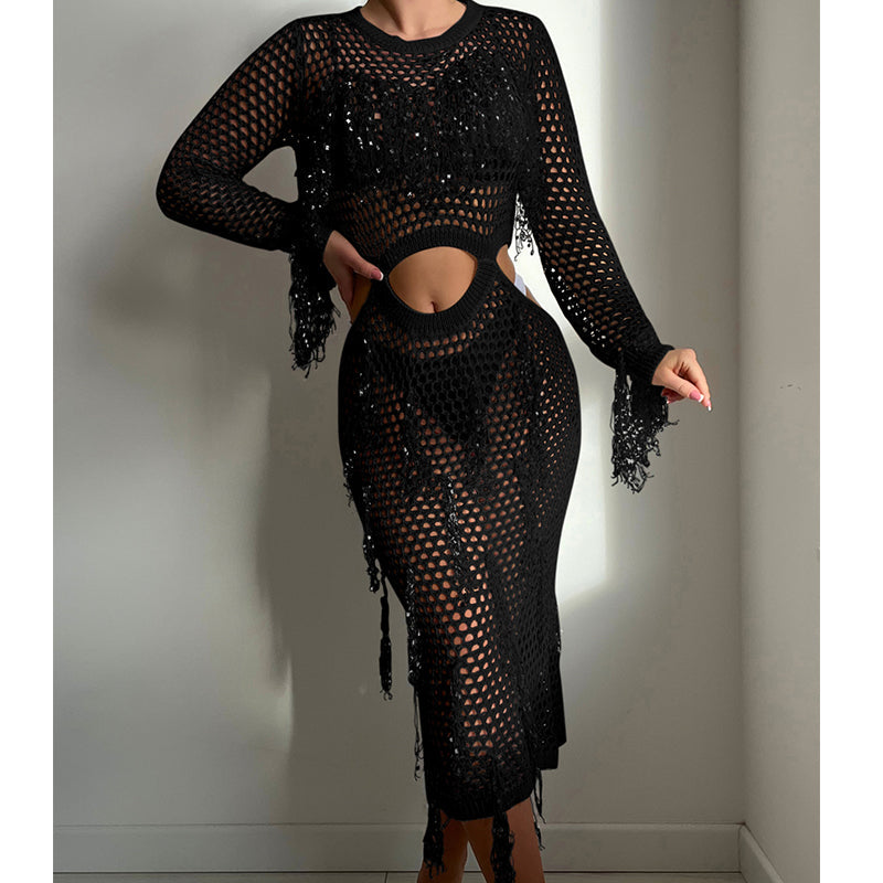 Hollow Out Cutout Knitted Sequin Tassel round Neck Cropped Outfit Long Sleeve Vacation Dress Swimsuit Blouse Sun Protection Clothing Dress Crochet hook