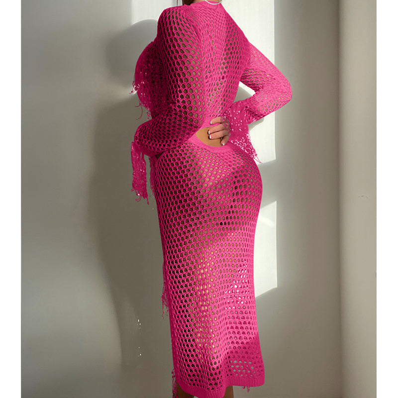 Hollow Out Cutout Knitted Sequin Tassel round Neck Cropped Outfit Long Sleeve Vacation Dress Swimsuit Blouse Sun Protection Clothing Dress Crochet hook