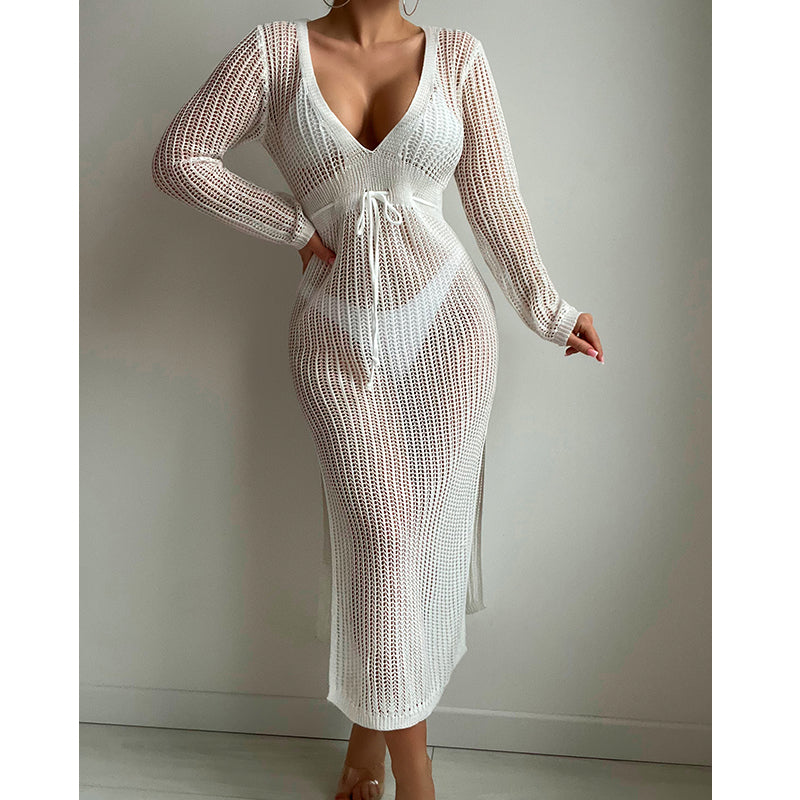 Sexy Hollow Out Cutout Knitted Deep V Plunge Lace up Waist Controlled Long Sleeve Split Skirt Vacation Dress Swimsuit Blouse Crochet hook