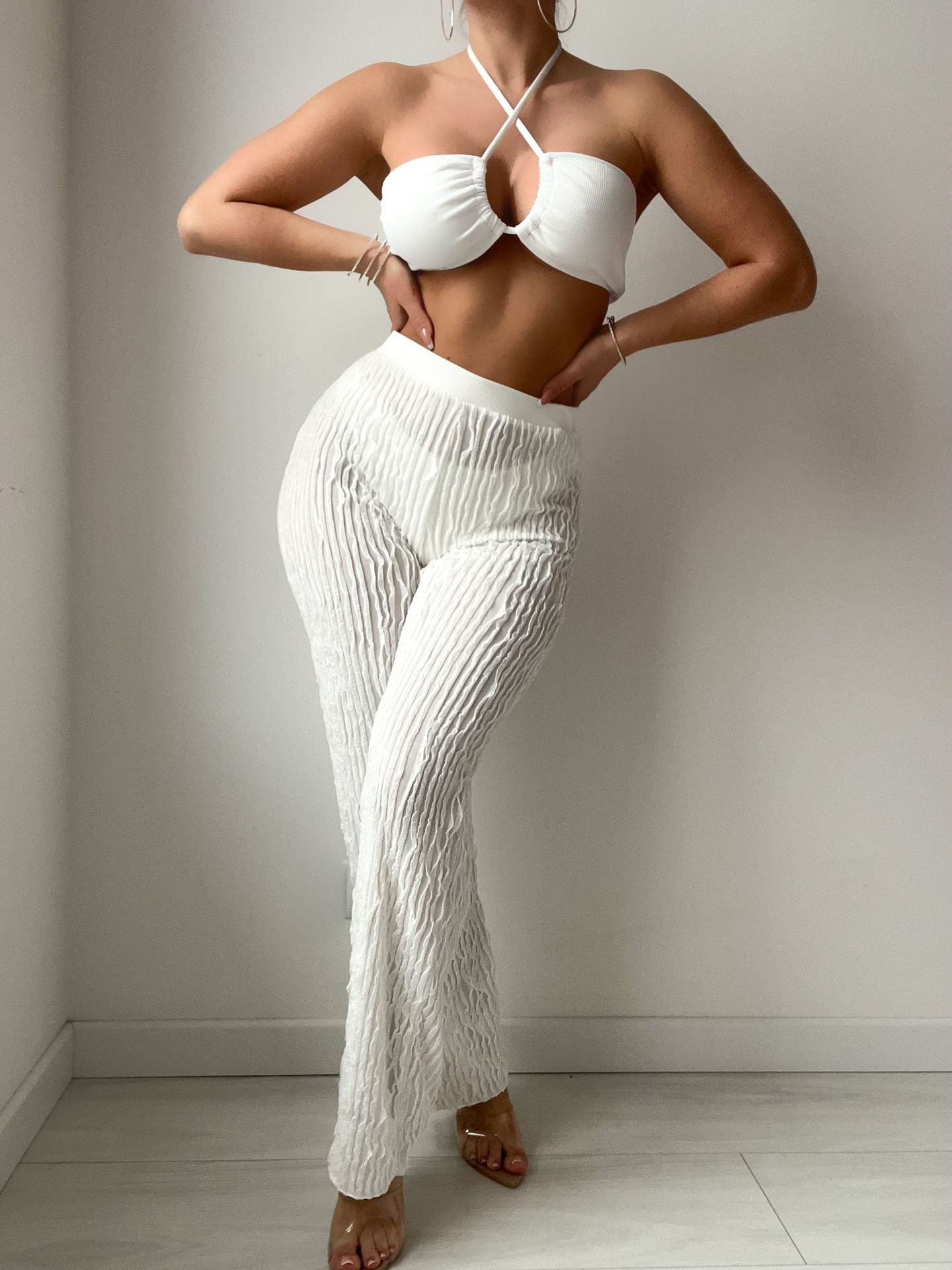 Solid Color Thread Fabric Halter Bikini Trousers Three Piece Set Sexy Swimsuit