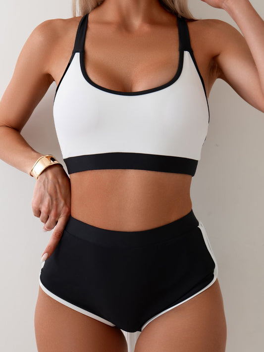 Black White Contrast Color Competitive Sports Split Swimsuit Women