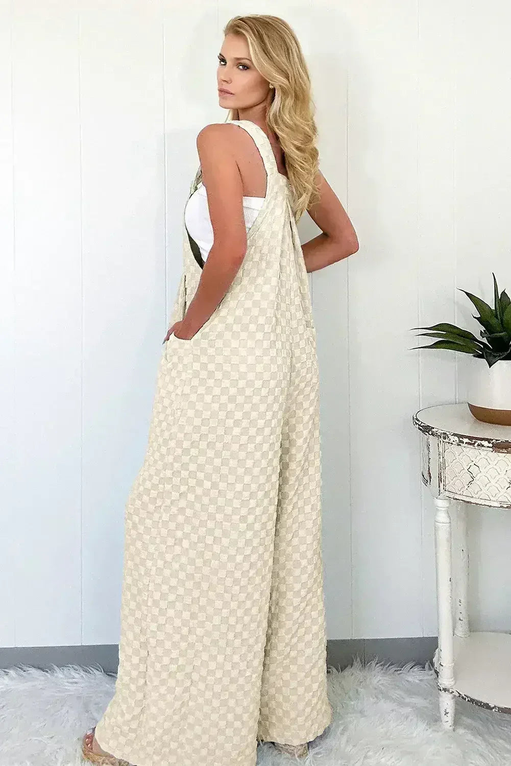 Beige Checkered Pocket High Waist Wide Leg Overall