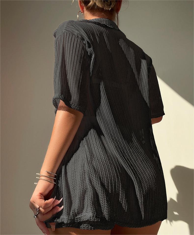 Black Cutout Blouse Split Boxers Bikini Beachwear Women Blouse Swimsuit