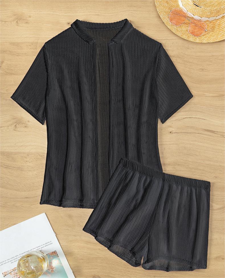 Black Cutout Blouse Split Boxers Bikini Beachwear Women Blouse Swimsuit