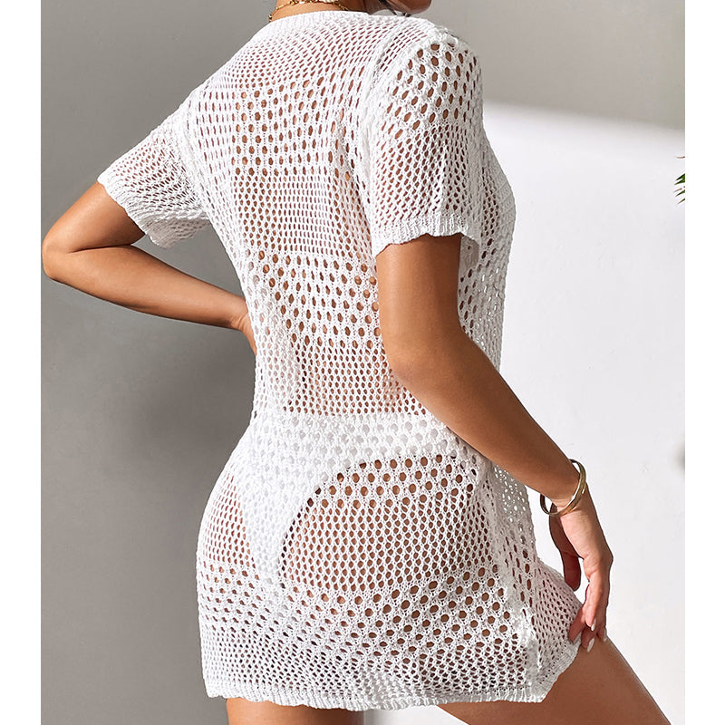 Women Clothes Sexy Cutout Short Sleeve Casual Bikini Cover Up Swimsuit Blouse Beach Sun Protection Shirt Crochet hook