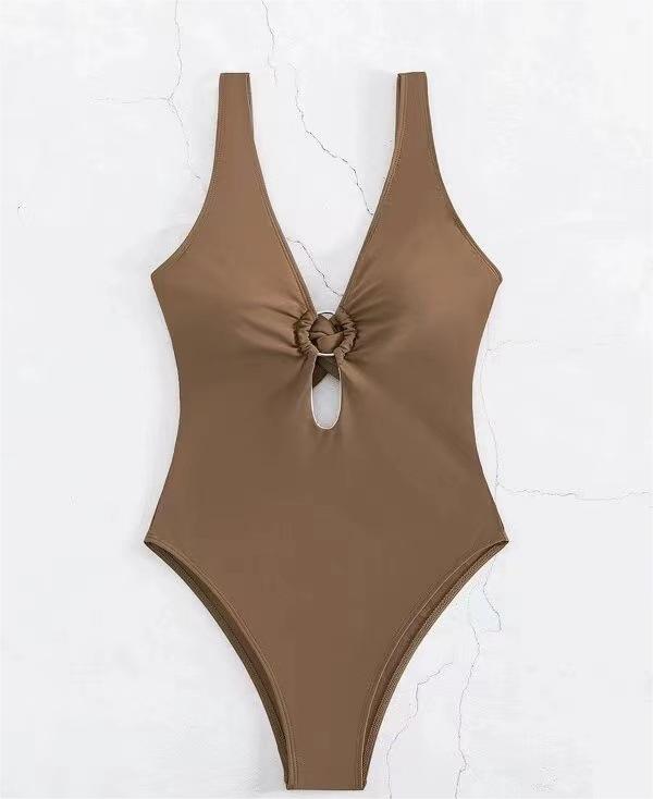 Popular Siamese Triangle Women Swimsuit Sexy Solid Color Hollow Out Cutout