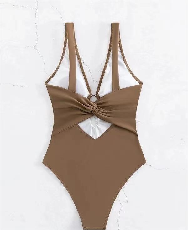 Popular Siamese Triangle Women Swimsuit Sexy Solid Color Hollow Out Cutout