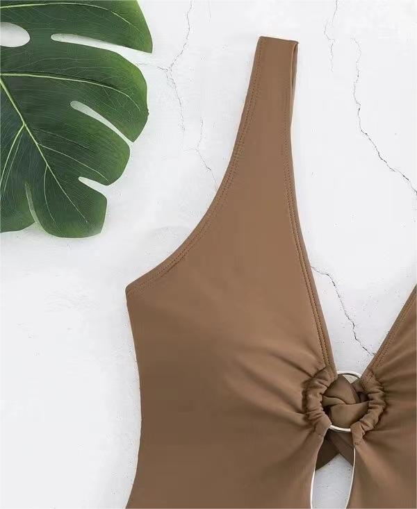 Popular Siamese Triangle Women Swimsuit Sexy Solid Color Hollow Out Cutout