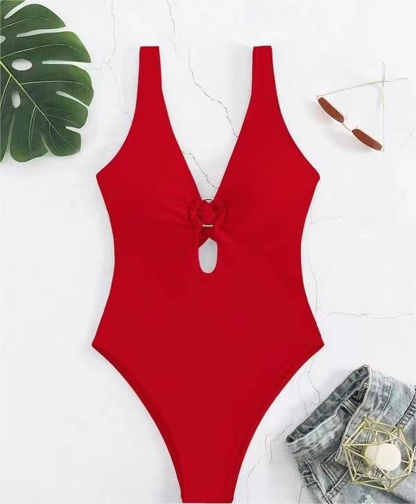 Popular Siamese Triangle Women Swimsuit Sexy Solid Color Hollow Out Cutout