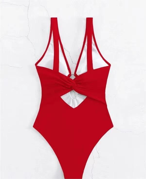 Popular Siamese Triangle Women Swimsuit Sexy Solid Color Hollow Out Cutout