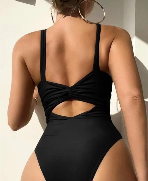 Popular Siamese Triangle Women Swimsuit Sexy Solid Color Hollow Out Cutout