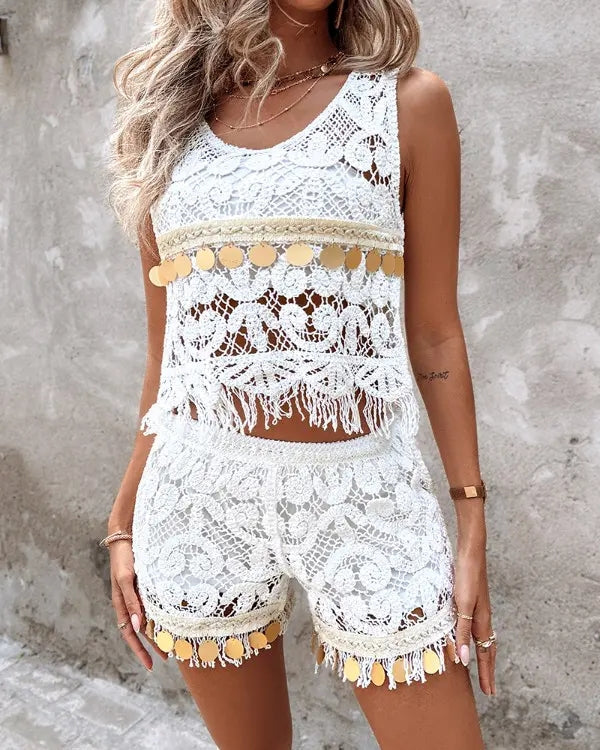 Women Solid Color Vacation Summer Top Crochet hook