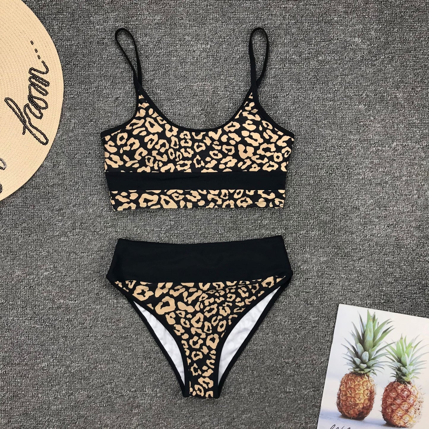 Women Split Swimsuit Sexy Leopard Splicing High Waist Bikini