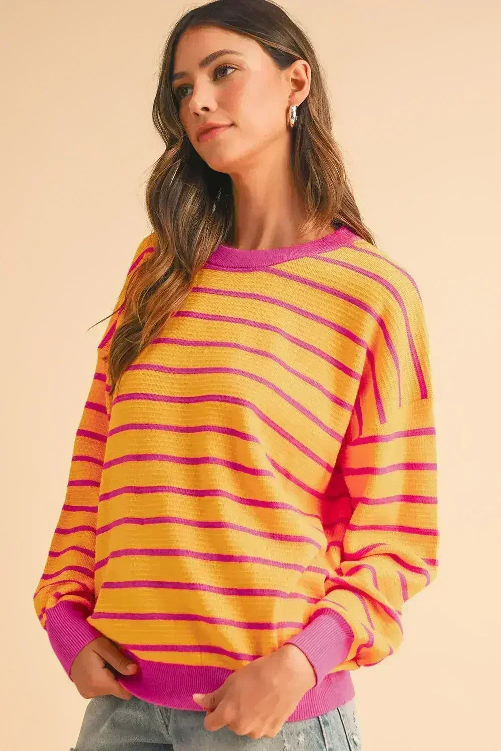 Pink Stripe Round Neck Drop Shoulder Loose Sweater