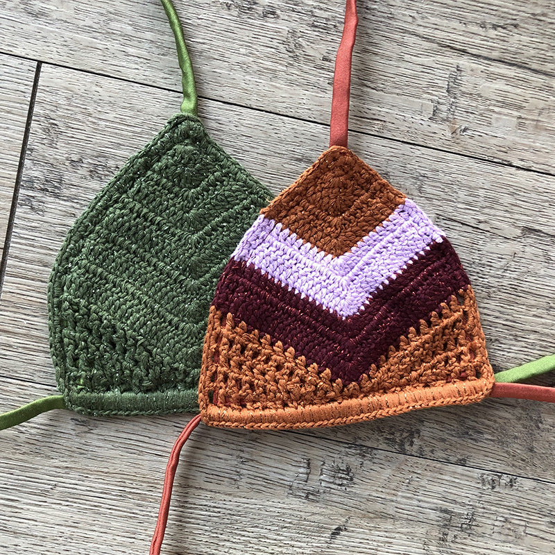 Pure Cotton Hand Crocheting Silver Thread Sexy Beach Bikini Set Three Color Striped Swimsuit