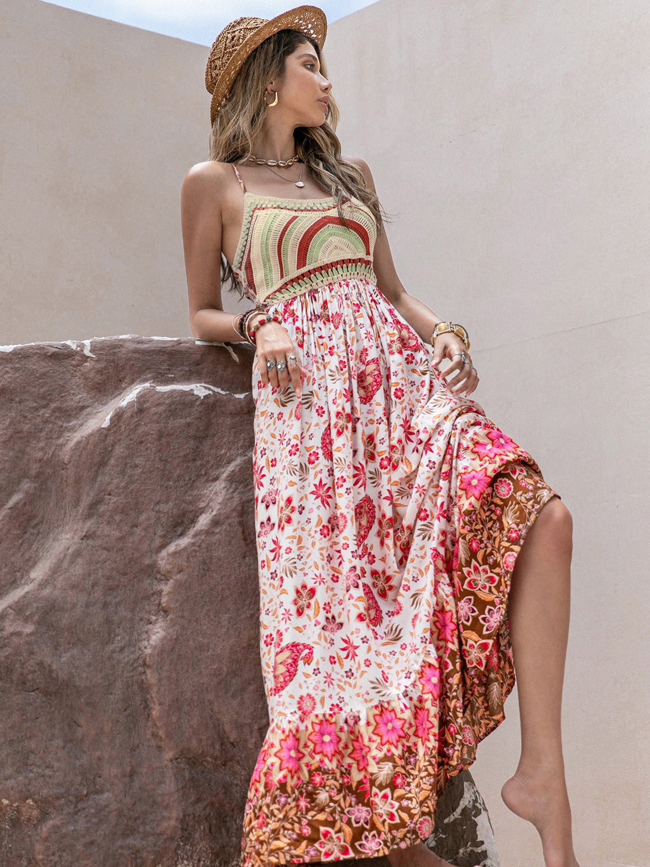 Batch Sweet Spaghetti Strap Floral Print Holiday Dress Maxi Dress Women