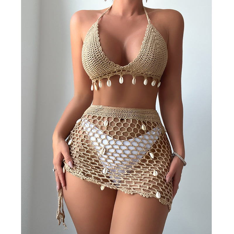 Beach Vacation Hand Crocheting Shell Hollow Out Cutout Sexy Halter Strap Beach Swimsuit Bikini Suit Crochet hook